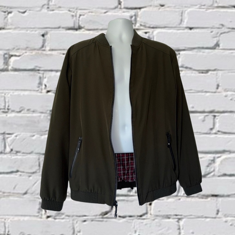 Lentta Plaid Lined Men’s Bomber Jacket Olive Green Zip-Up Men’s Large